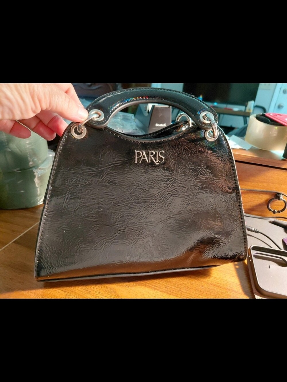 Paris Hilton Patent Leather Top-Handle Bag in Deep Brown, NWOT